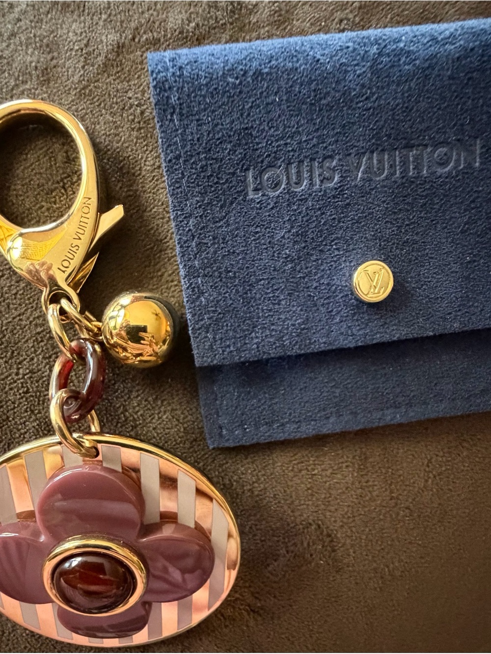 Louis Vuitton Gold-Tone Key Charm with Burgundy Flower and Pink Stripe Accent